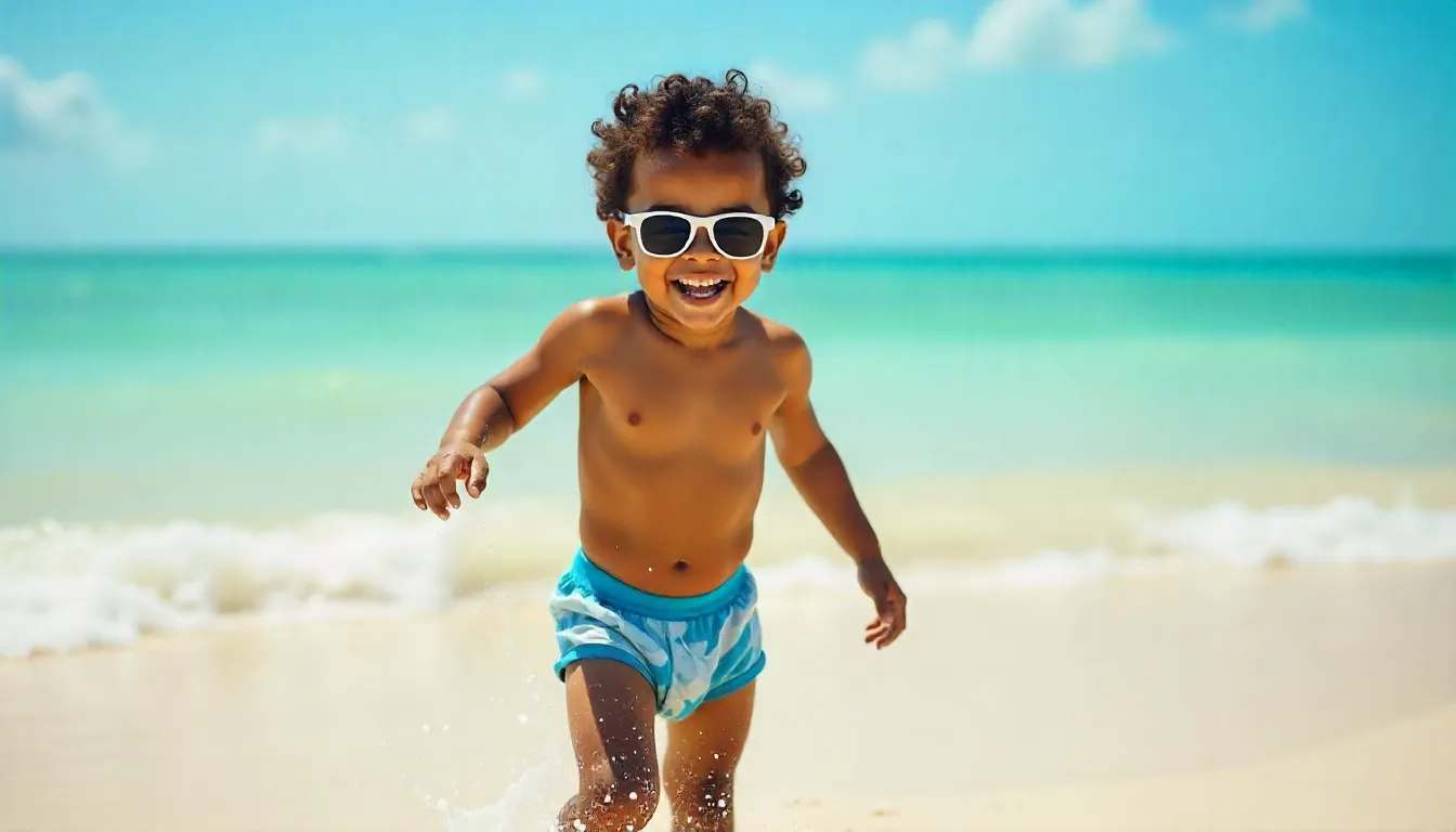 menino usando Cuecas Boxer Infanto Juvenil na praia