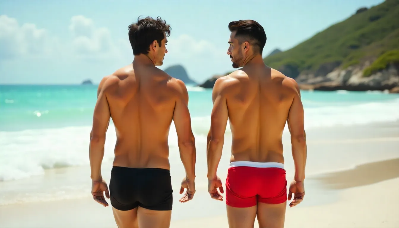 dois homens em uma posando para ver qual e a melhor cueca boxer ou slip